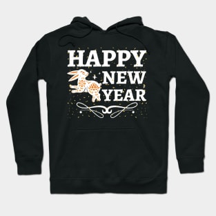 Happy New Year white and gold rabbit, black desing Hoodie